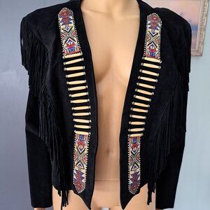 Tony Lama Western Cowgirl Core Suede Black Fringe Bolero Style Jacket sz 12 VTG